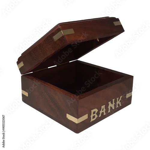 Wooden piggy bank for kids on a plain white background.