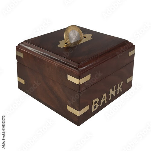 Wooden piggy bank for kids on a plain white background.
