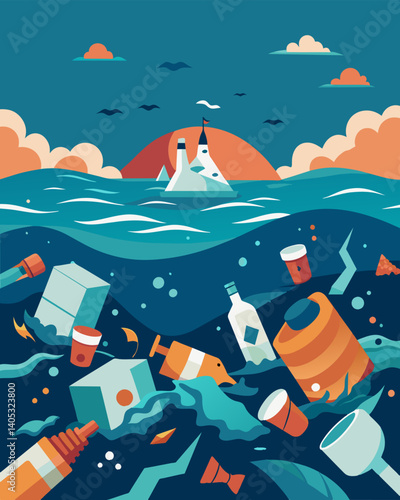 A sea of forgotten items a floating graveyard of discarded consumer goods creating a toxic and deadly environment.. Vector illustration