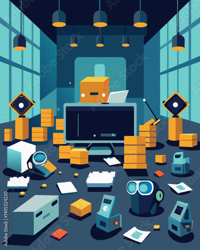 A warehouse full of untouched virtual reality headsets keyboards and other advanced gadgets gathering dust and losing their value.. Vector illustration