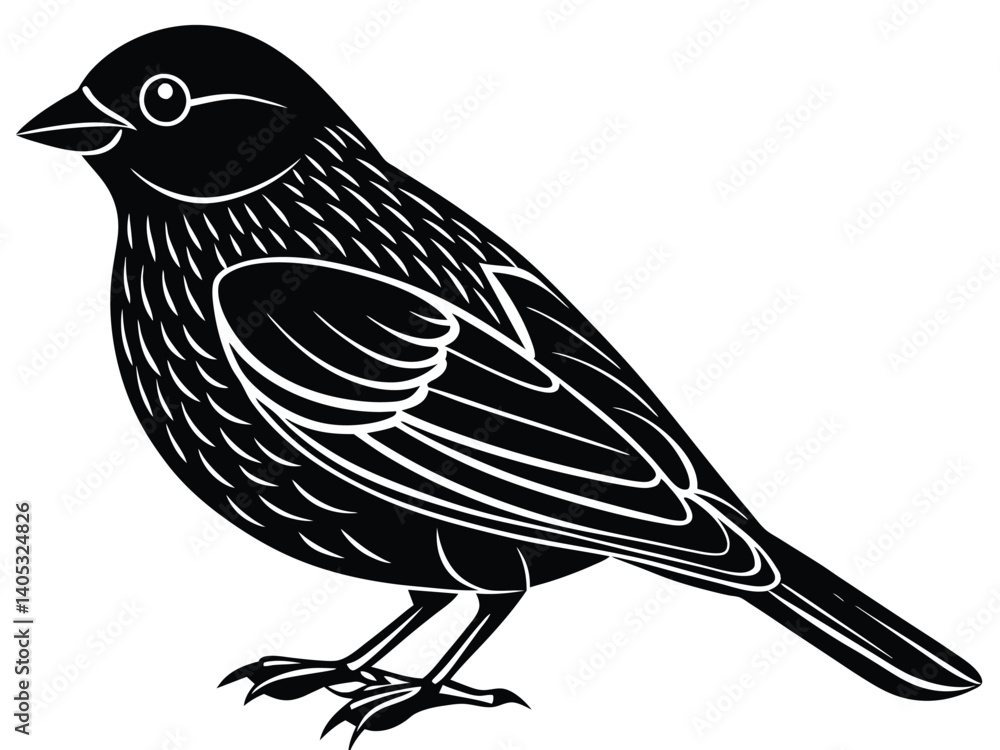 Fototapeta premium Vector illustration of a black bird silhouette, like a canary or raven, perched on a wild branch, a nature design icon