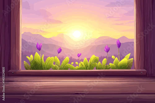 Wooden window and mountain landscape 