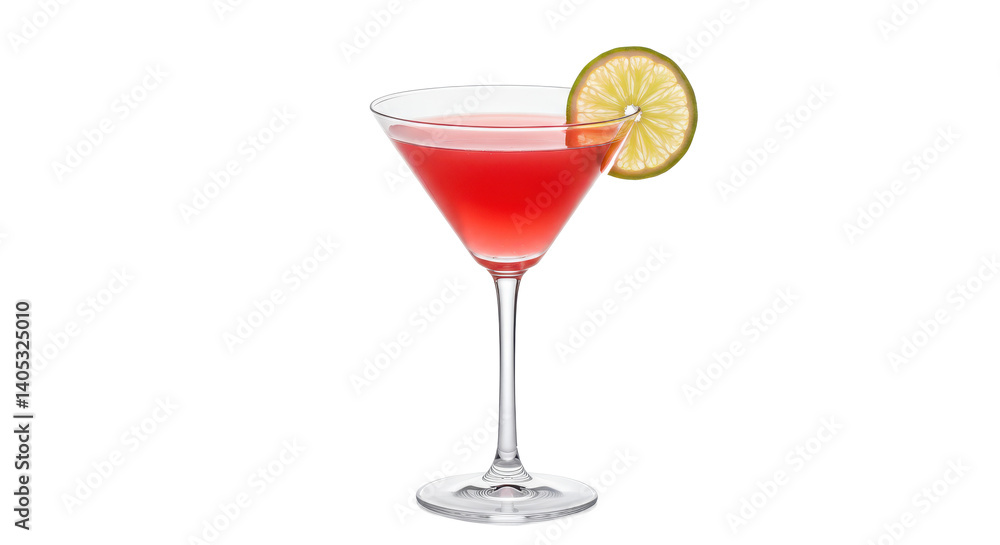 Close up of a red cocktail in a martini glass with a lime wedge against a black background Close up of a red cocktail in a martini glass with a lime wedge against a black background