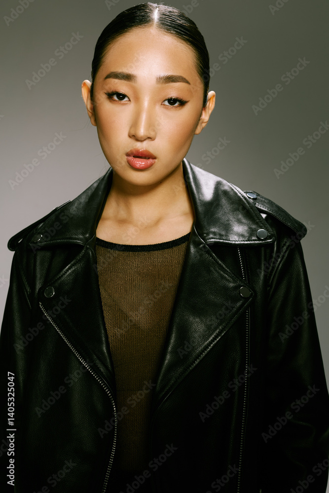 Asian woman, black leather jacket, posing in front of gray background fashion beauty concept