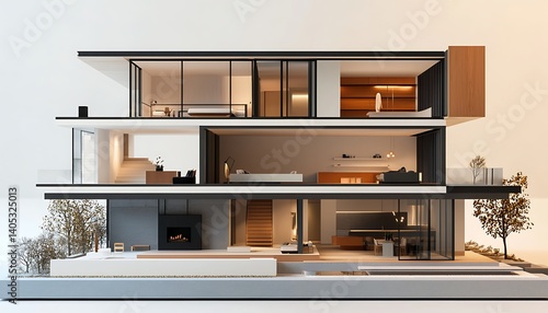 Minimalist cutaway model showing the interior design a modern house, highlighting spatial organization and architectural aesthetics