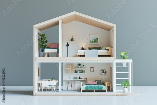 Minimalist dollhouse model on a flat grey background, perfect for creative home building ideas