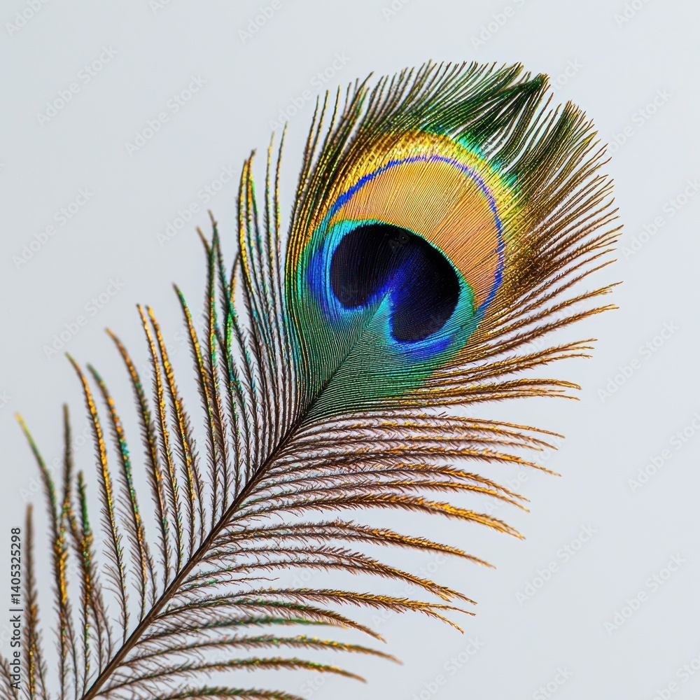 Fototapeta premium Close-up of a vibrant peacock feather. Detailed eye-catching patterns and colors