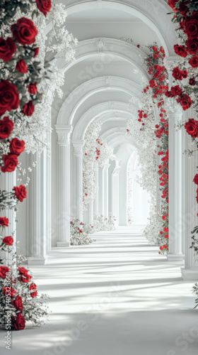 Elegant White Hallway With Red Roses. Beautiful, white architectural space adorned with red roses and other floral arrangements. Scene creates a romantic, ethereal atmosphere of elegance and serenity