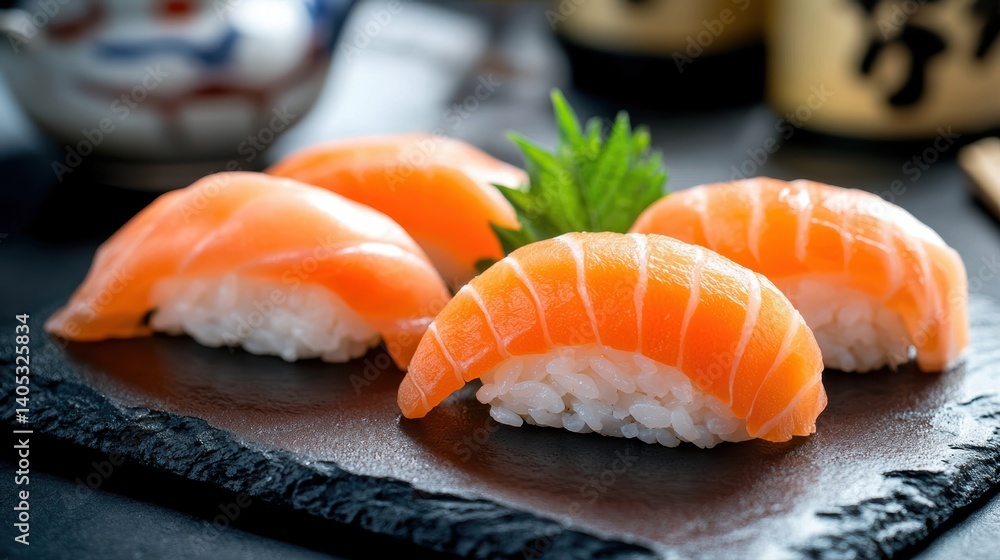 Elegant sushi nigiri on slate with vibrant shiso accent Elegant sushi nigiri on slate with vibrant shiso accent