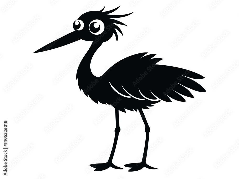 Obraz premium Black crowned storke, a wild black bird with a beak, and a heron, another isolated bird silhouette, stand against the white of nature