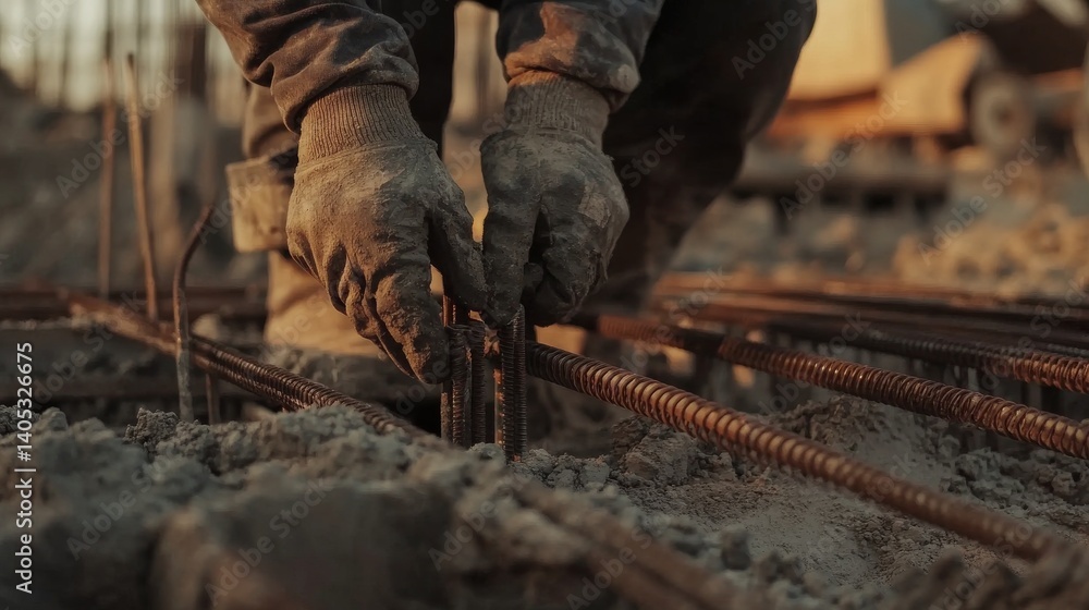 Construction worker placing steel reinforcement bars into a foundation. Featuring precision and teamwork Construction worker placing steel reinforcement bars into a foundation. Featuring precision and teamwork