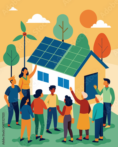 In an effort to promote renewable energy sources a community rallies to raise funds for the installation of solar panels on local government buildings.. Vector illustration