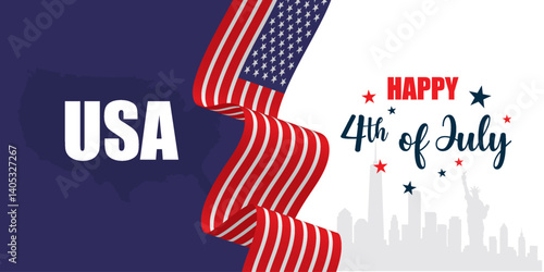 4th of July independence day with USA map, waving US flag ribbon, and American City skyline including statue of liberty. Patriotic design for American Independence Day celebration. 