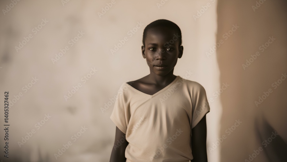 Portrait of a young boy standing in soft natural light against a neutral beige wall, wearing a simple light-colored shirt
Portrait of a young boy standing in soft natural light against a neutral beige wall, wearing a simple light-colored shirt