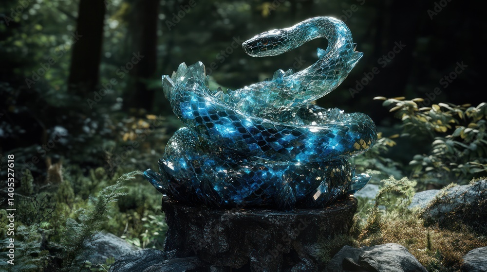Fototapeta premium Crystal snake forest sculpture, mystical background, fantasy art, game asset
