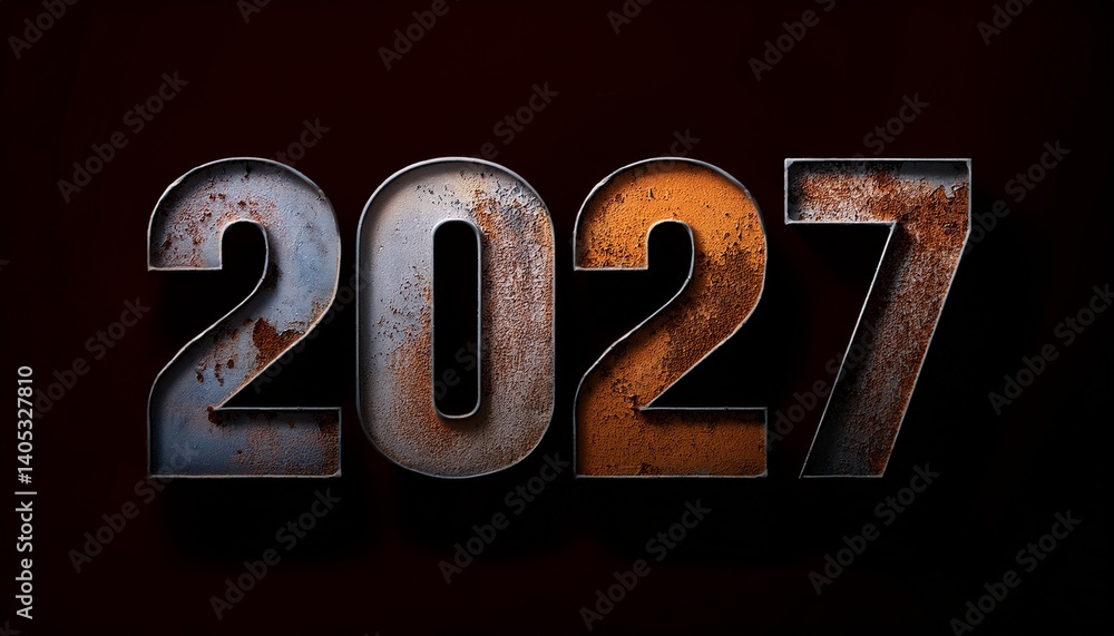 2027 in a distressed, grungy style with rusted metal textures and exposed edges, creating; an industrial and tough aesthetic; year 2027; graphic resources 2027 in a distressed, grungy style with rusted metal textures and exposed edges, creating; an industrial and tough aesthetic; year 2027; graphic resources