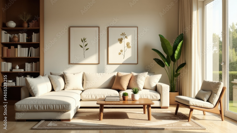 Obraz premium A living room with a white couch and a wooden coffee table