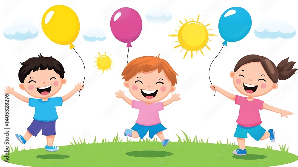 Joyful children with balloons leaping for fun. Joyful children with balloons leaping for fun.