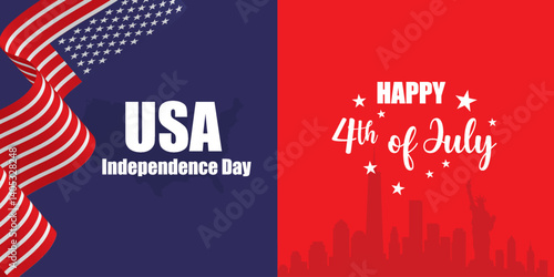 4th of July independence day with USA map, waving US flag ribbon, and American City skyline including statue of liberty. Patriotic design for American Independence Day celebration. 