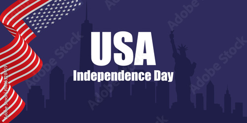 USA independence day, waving US flag ribbon and American City skyline including statue of liberty on background. Patriotic design for American Independence Day celebration. 