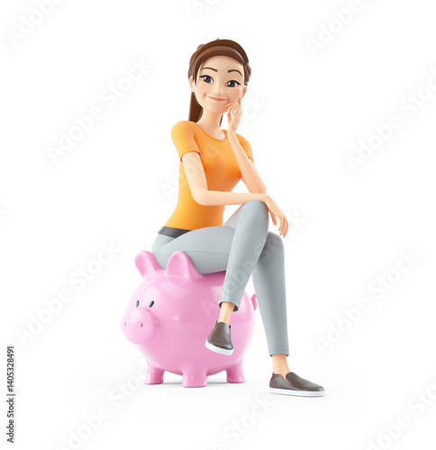 3d woman sitting on piggy bank