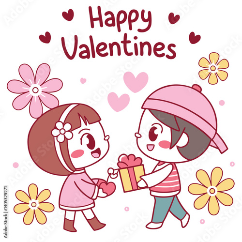 Cute cartoon couple exchanging Valentine's Day gift