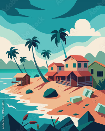 A small coastal town ravaged by frequent and destructive hurricanes has turned into a ghost town as its former residents were forced to seek refuge elsewhere.. Vector illustration
