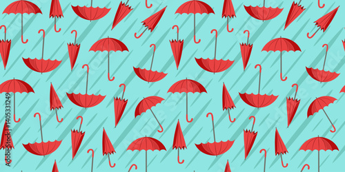 Pattern umbrellas. Bright red umbrella. Rainy season. Rainy weather. Seamless vector background.