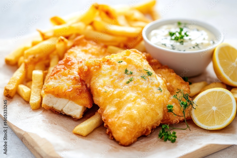 Vegan fish and chips served alongside tofu and chips with vegan sauce, captured in a clean and fresh image, with room for copy or branding Vegan fish and chips served alongside tofu and chips with vegan sauce, captured in a clean and fresh image, with room for copy or branding