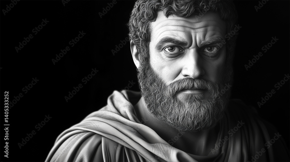 Dramatic monochrome portrait of Sophocles, ancient Greek tragedian with intense gaze and classical robe
Dramatic monochrome portrait of Sophocles, ancient Greek tragedian with intense gaze and classical robe