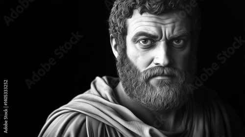 Dramatic monochrome portrait of Sophocles, ancient Greek tragedian with intense gaze and classical robe
