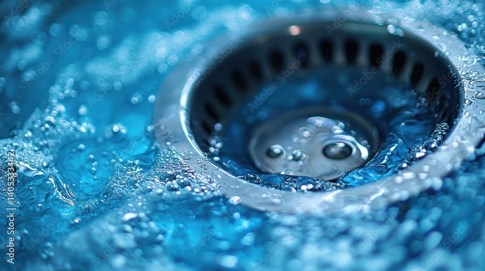 Close-up view of water draining into a sink drain. The water is a vibrant blue, swirling around the drain Close-up view of water draining into a sink drain. The water is a vibrant blue, swirling around the drain