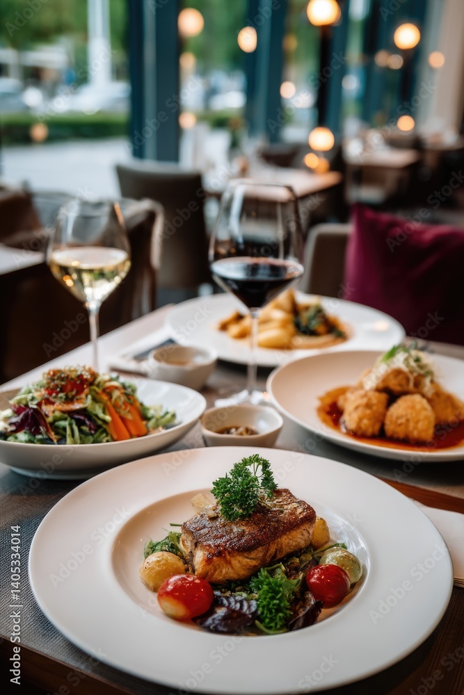 An exquisite high-quality photo depicting a dining atmosphere with a variety of dishes, including appetizers and main courses, situated in Berlin's Kurfürstendamm, ideal for lunch or dinner. An exquisite high-quality photo depicting a dining atmosphere with a variety of dishes, including appetizers and main courses, situated in Berlin's Kurfürstendamm, ideal for lunch or dinner.