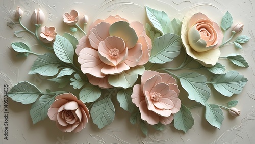 Fototapeta Naklejka Na Ścianę i Meble -  Elegant Floral Relief Art with Pastel Roses and Green Leaves