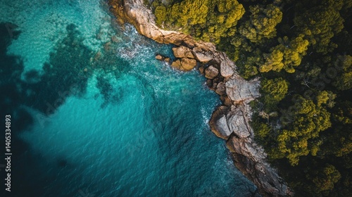 Aerial view turquoise ocean waves crashing on rocky coast, lush forest background, travel brochure