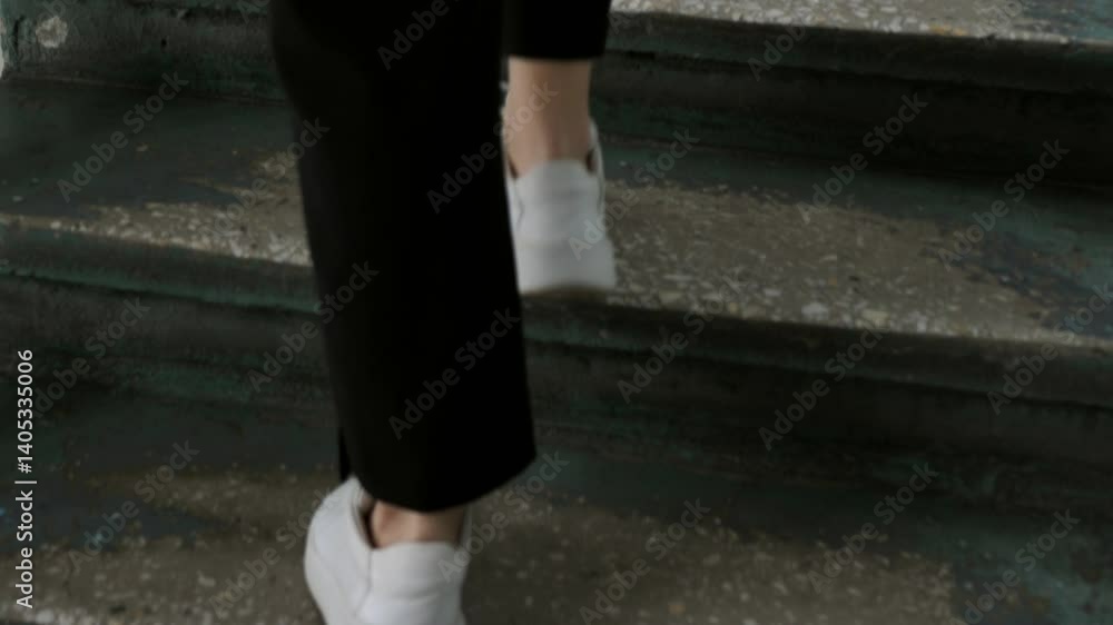Close-up of legs of a young tired woman climbing stairs of an old house. Slow motion. Close-up of legs of a young tired woman climbing stairs of an old house. Slow motion.