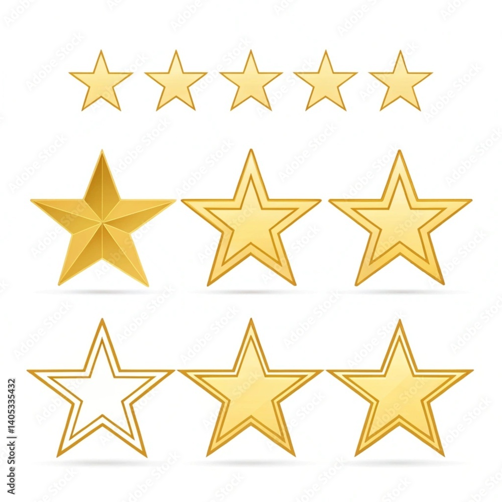 Vector set of gold star icons including full star, half star, and empty star, simple modern design, used for customer review and product rating, clean layout on white background Vector set of gold star icons including full star, half star, and empty star, simple modern design, used for customer review and product rating, clean layout on white background