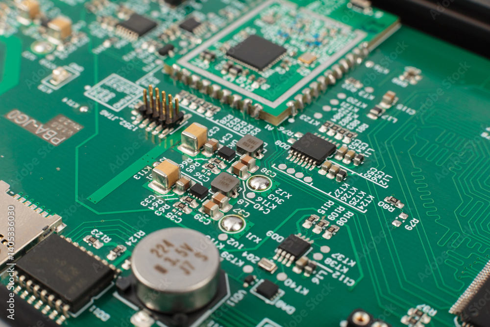 Electronic board close-up, modern electronic circuits