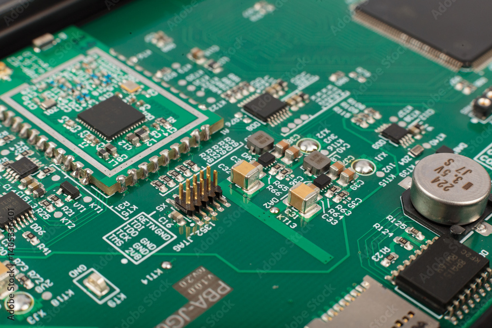 Electronic board close-up, modern electronic circuits Electronic board close-up, modern electronic circuits