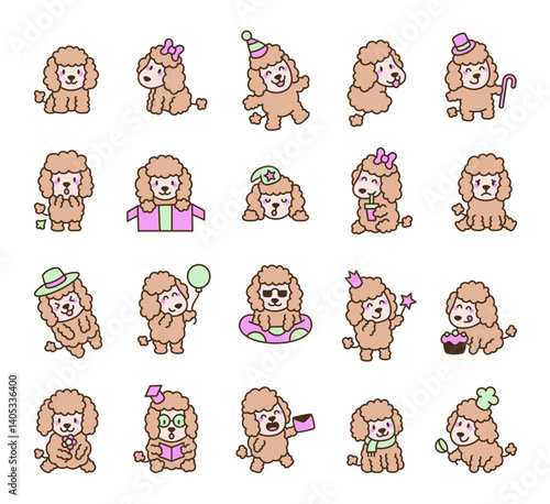 Adorable poodle character set showing cute emotions and fun activities like sleeping, reading, cooking, drinking, partying, and celebrating special moments for creative design