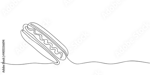continuous one line drawing of a hot dog resting on a surface with detailed outlines and minimalist design