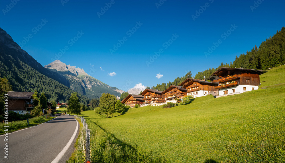 scenic alpine village along a mountain road under clear blue skies scenic alpine village along a mountain road under clear blue skies