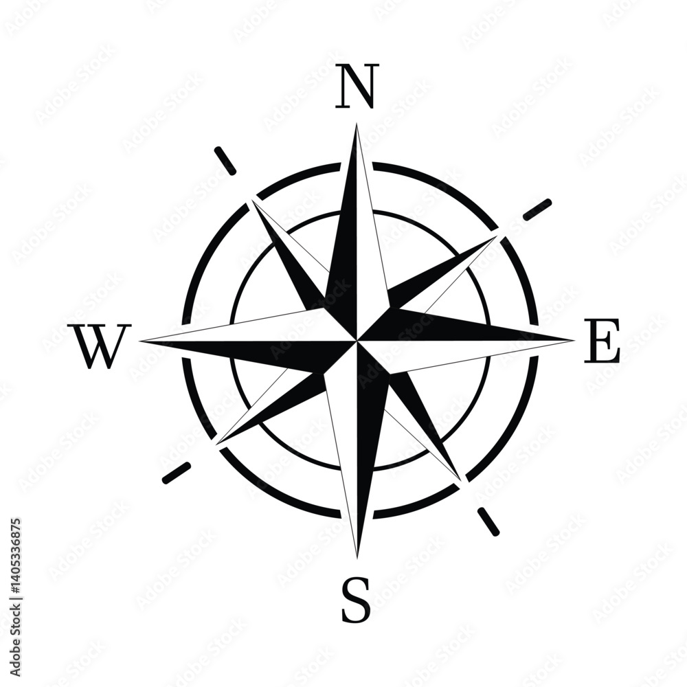 Black White Compass Rose Navigation Icon with Cardinal Directions Black White Compass Rose Navigation Icon with Cardinal Directions