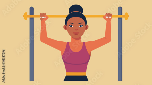 A woman with s on her hands from gripping the pullup bar too tightly not wanting to take a break until she reaches her goal.. Vector illustration