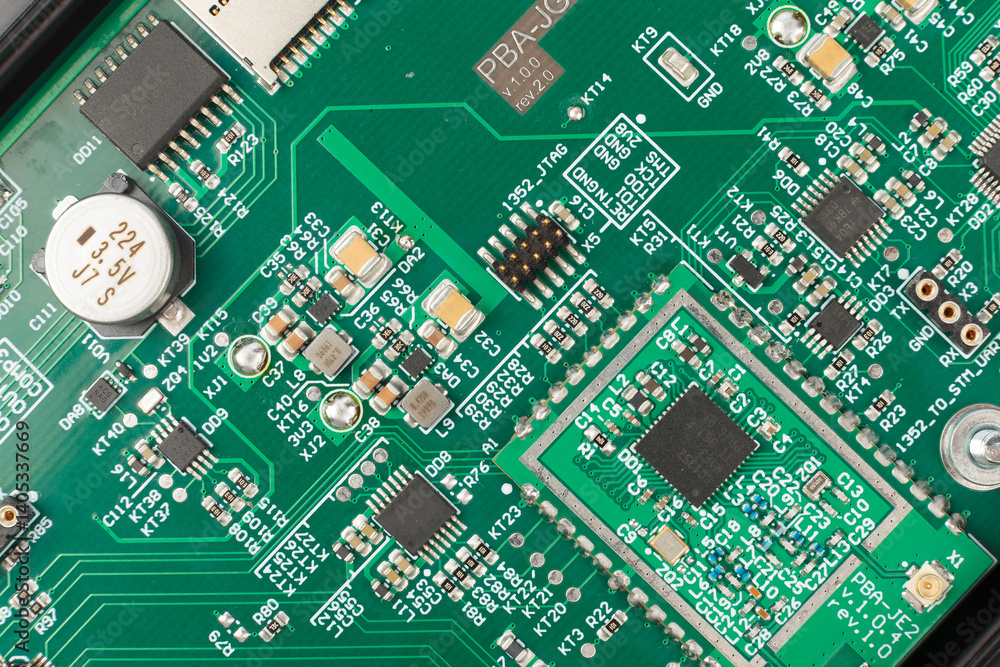 Electronic board close-up, modern electronic circuits