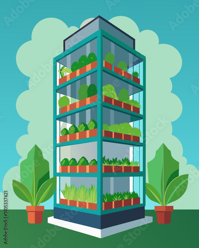 A vertical farm in a highrise building utilizing hydroponic technology to grow crops and provide fresh produce for nearby residents.. Vector illustration