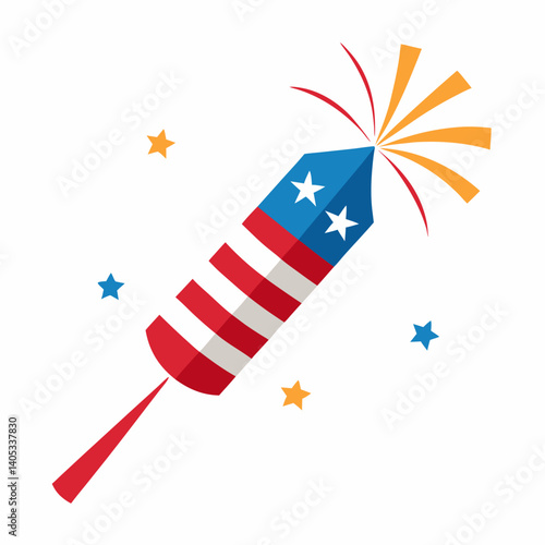 An American firework rocket exploding in a burst of celebratory color and stars against a crisp white background.