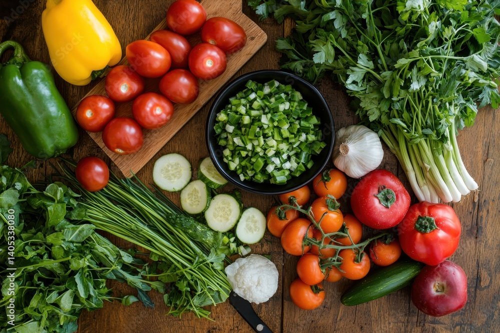 Colorful fresh vegetable flat lay for a healthy lifestyle kitchen table food photography rustic environment overhead view concept of nutrition and wellness