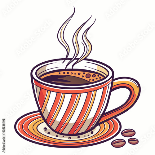 A steaming cup of coffee, striped and warm, inviting a cozy morning moment with a simple line art style.