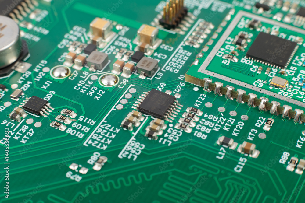 Electronic board close-up, modern electronic circuits